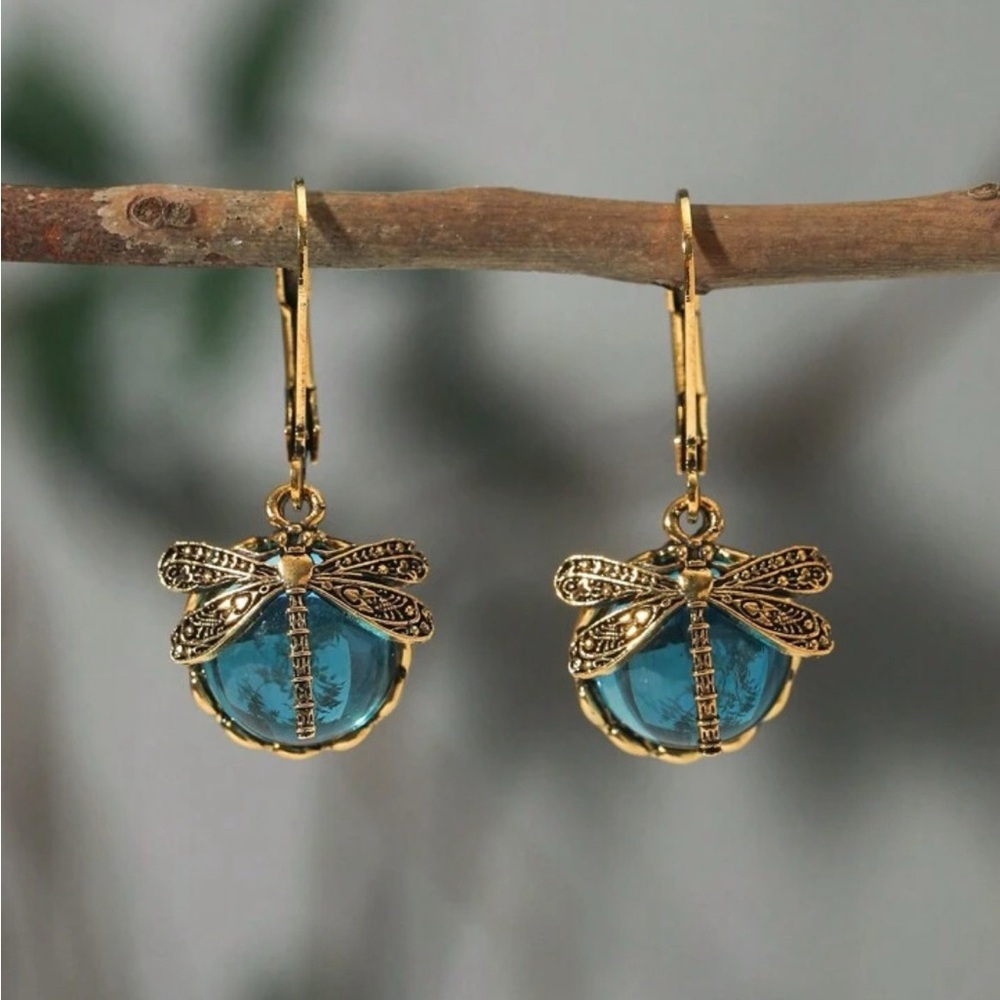 Vintage Dragonfly & Blue Crystal Dangle Earrings, Bohemian Style, Party Jewelry